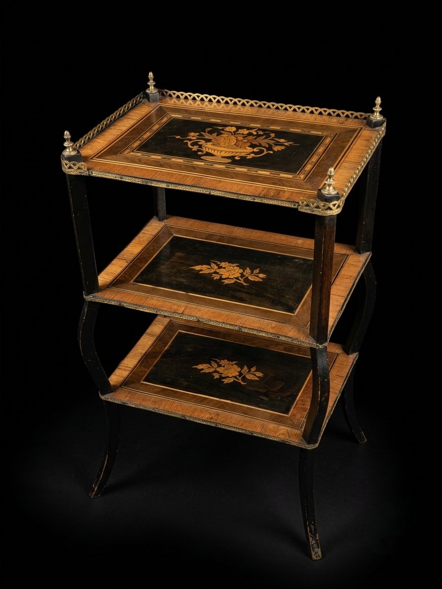 Table étagère volante à trois plateaux marquetés - Epoque Napoléon III (XIXe siècle)
