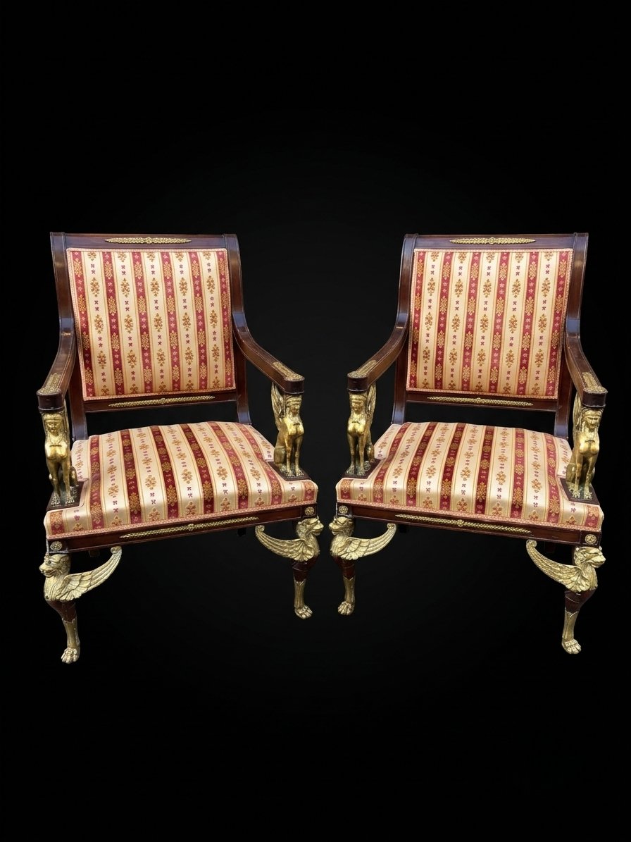Pair Of Empire-style Ceremonial Armchairs With Sphinxes And Lions (19th Century)-photo-2
