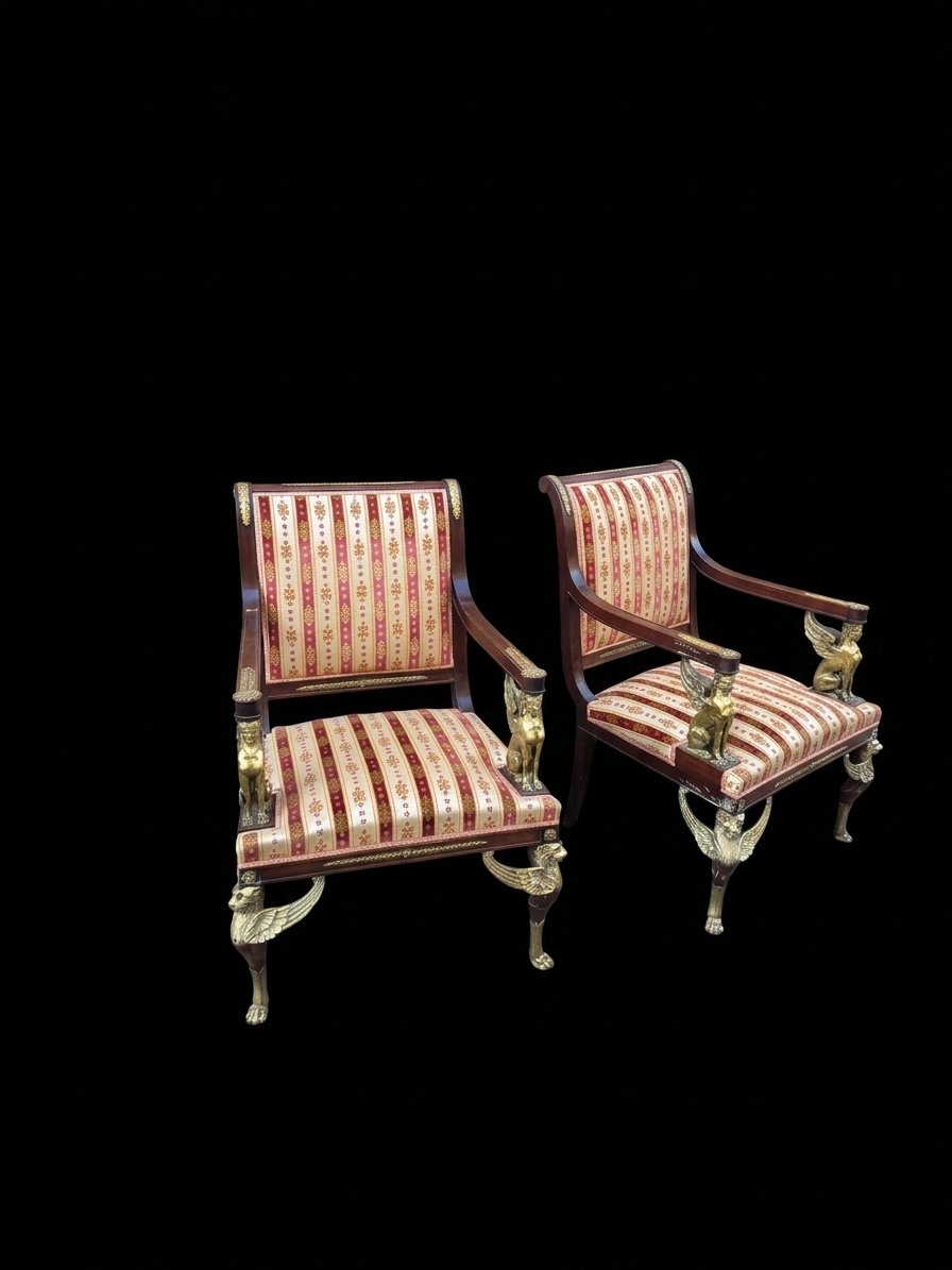 Pair Of Empire-style Ceremonial Armchairs With Sphinxes And Lions (19th Century)-photo-3