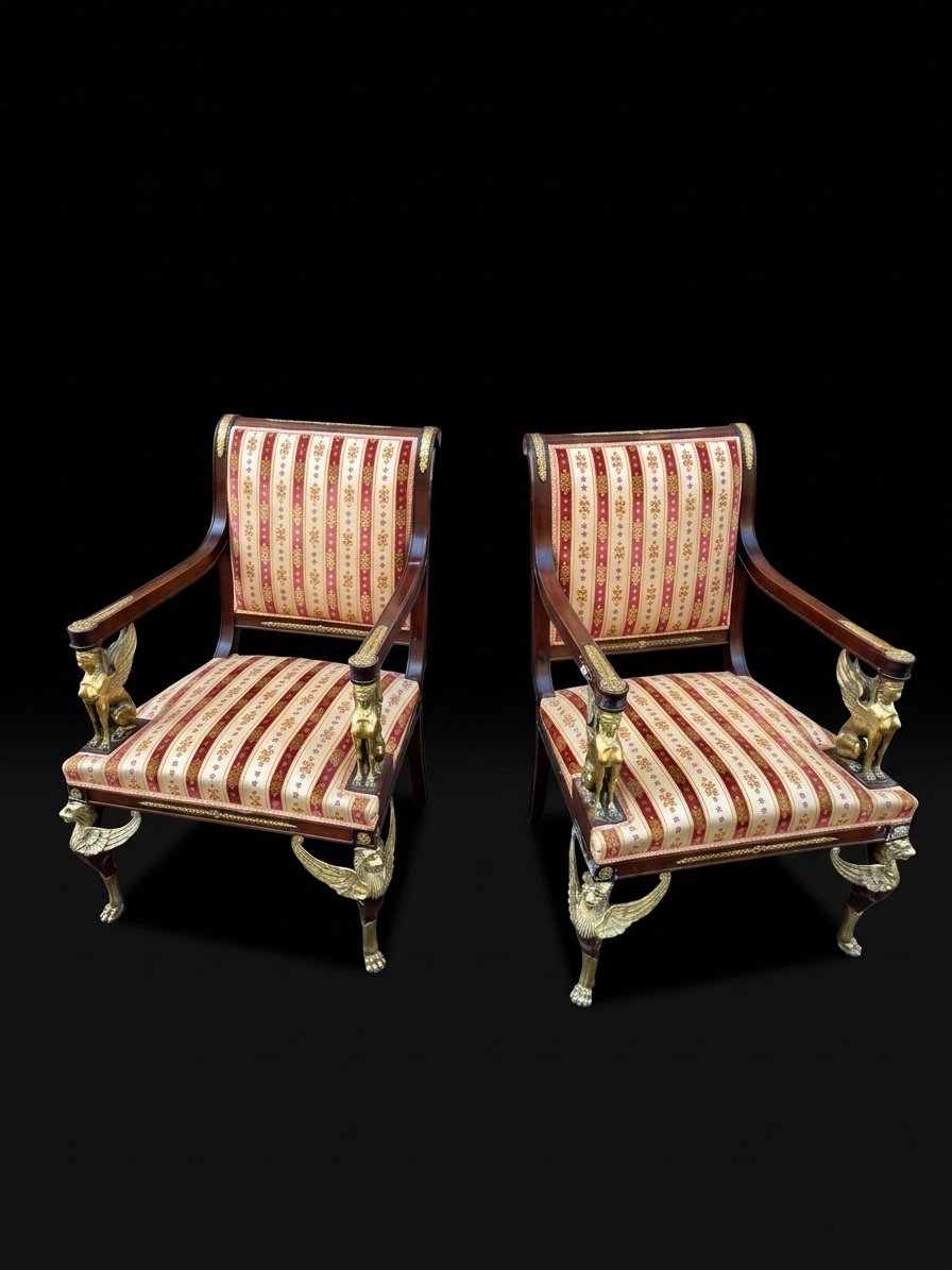 Pair Of Empire-style Ceremonial Armchairs With Sphinxes And Lions (19th Century)