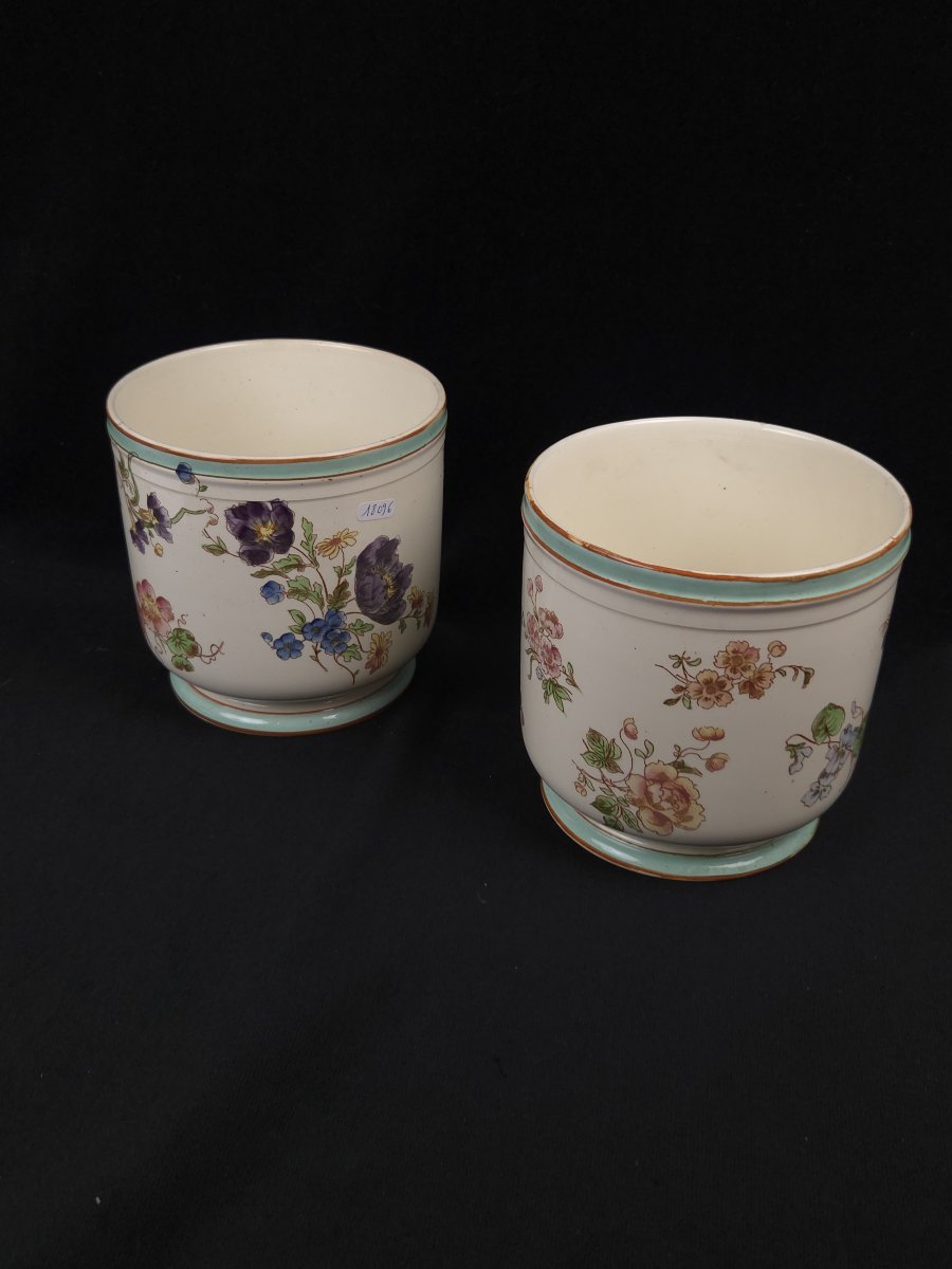 Creil & Montereau - Paire de cache-pots en faïence fine - Décor floral (XIXe siècle)-photo-3