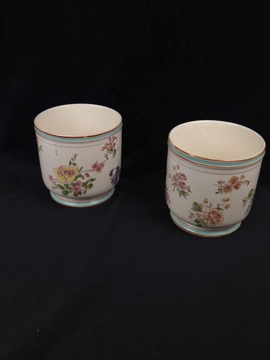 Creil & Montereau - Paire de cache-pots en faïence fine - Décor floral (XIXe siècle)-photo-1