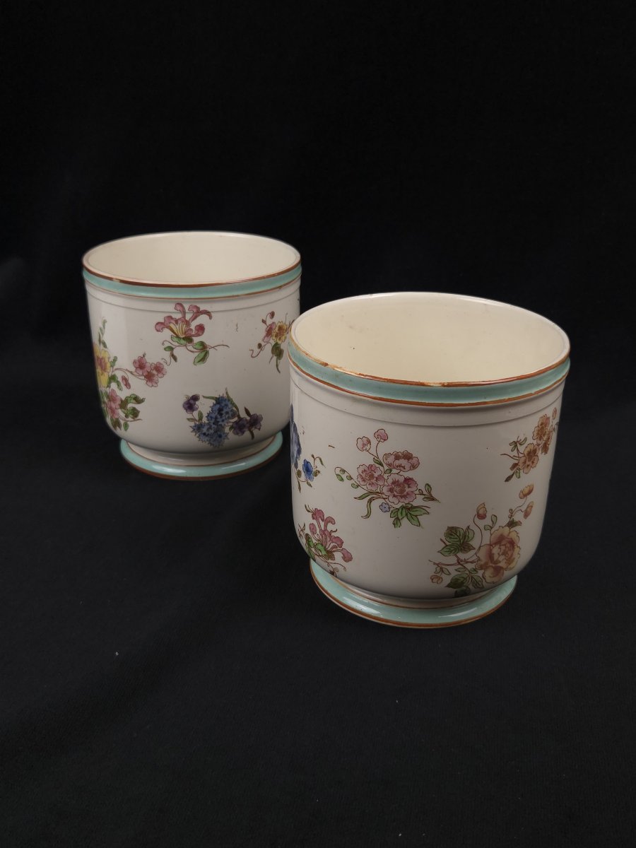 Creil & Montereau - Paire de cache-pots en faïence fine - Décor floral (XIXe siècle)