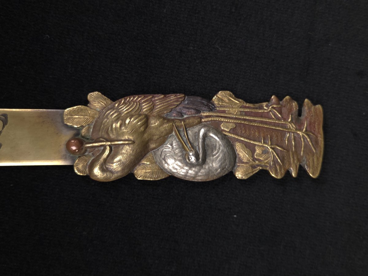 Coupe-papier japonais en bronze - Héron et bambou - XIXe siècle-photo-3