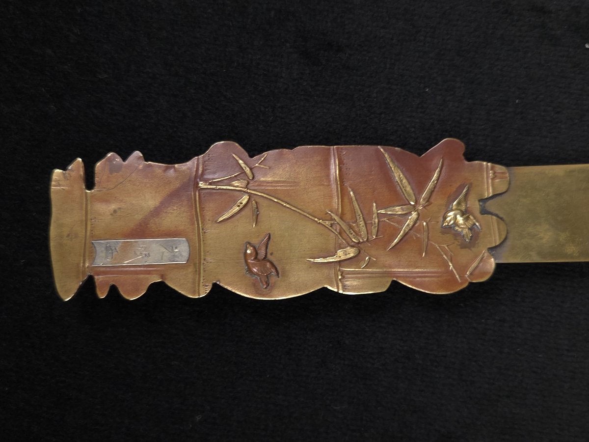 Coupe-papier japonais en bronze - Héron et bambou - XIXe siècle-photo-1