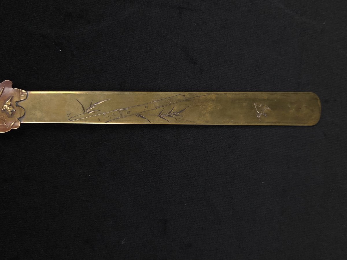 Coupe-papier japonais en bronze - Héron et bambou - XIXe siècle-photo-2