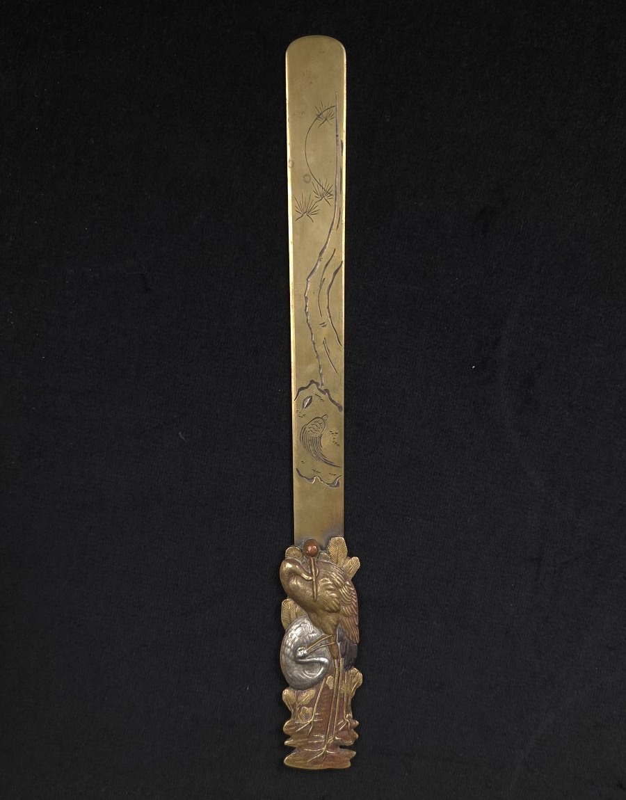 Coupe-papier japonais en bronze - Héron et bambou - XIXe siècle
