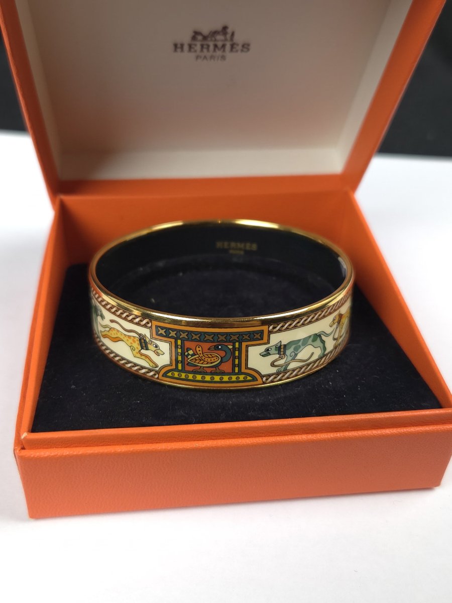 Hermès Paris - Bracelet jonc en émail et plaqué or - Chiens-photo-1