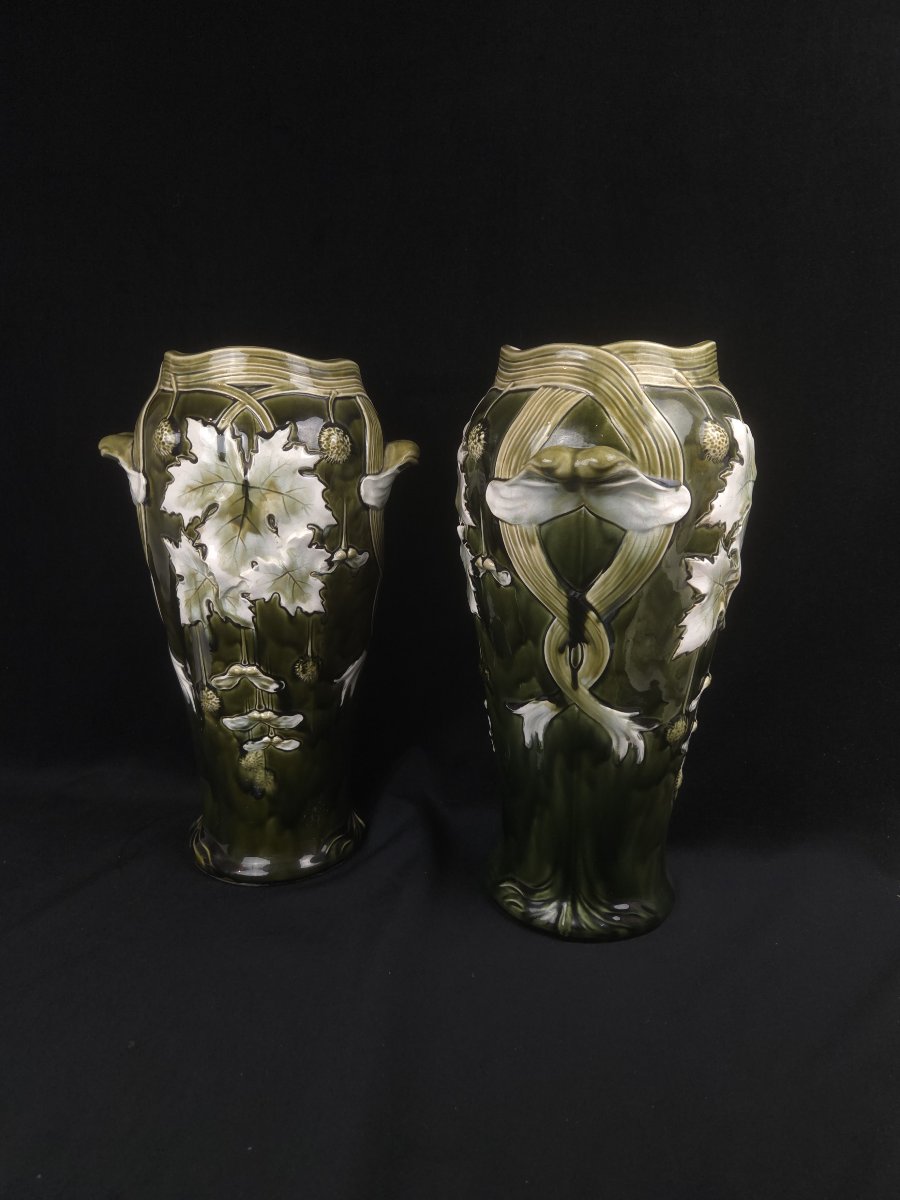 From Bruyn To Fives-lille - Pair Of Art Nouveau Vases Made Of Slip (20th Century)-photo-2