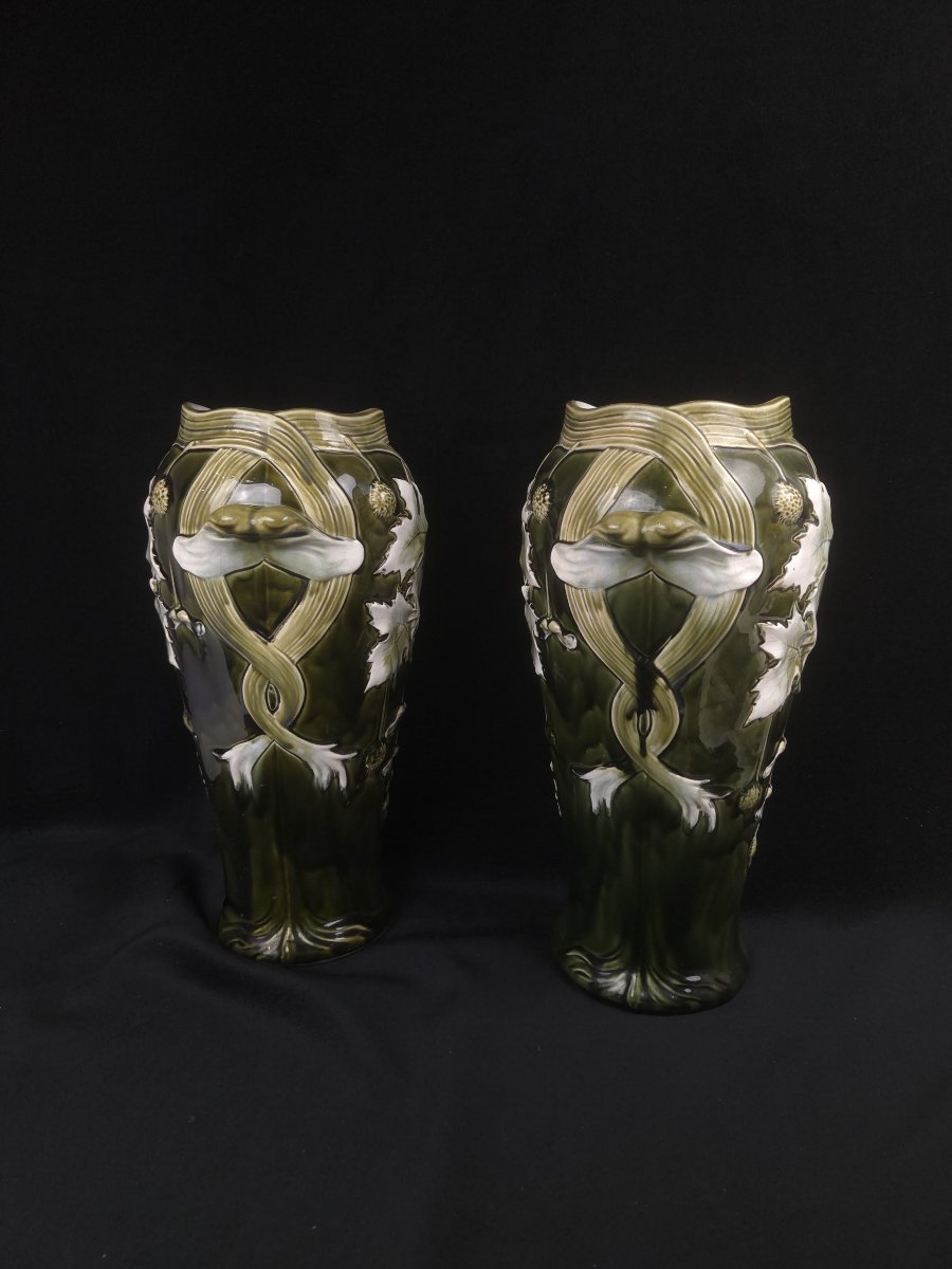 From Bruyn To Fives-lille - Pair Of Art Nouveau Vases Made Of Slip (20th Century)-photo-3