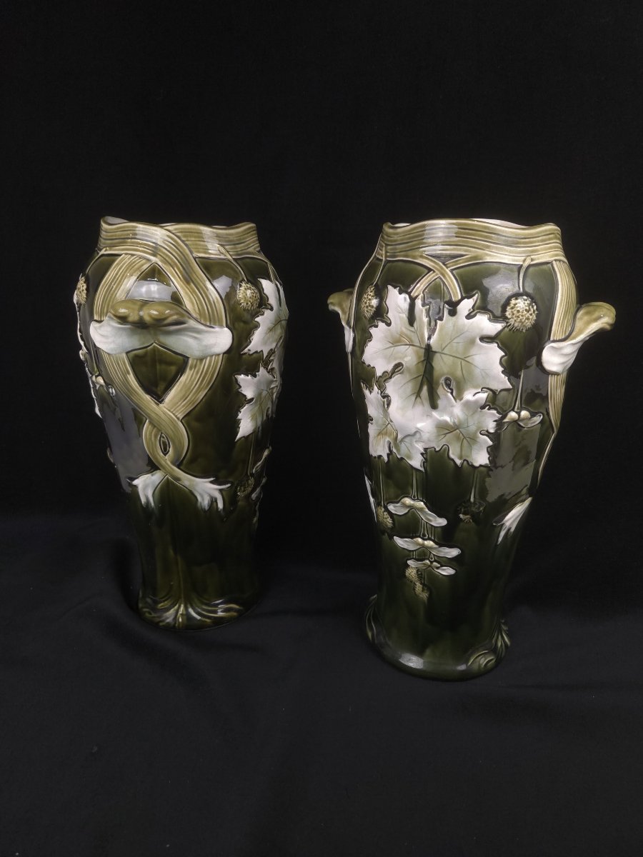 From Bruyn To Fives-lille - Pair Of Art Nouveau Vases Made Of Slip (20th Century)-photo-4