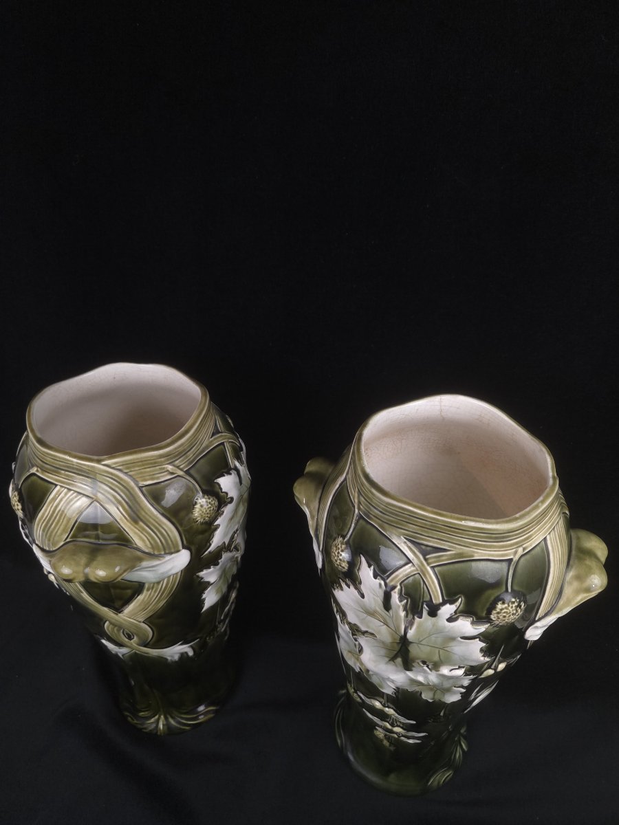From Bruyn To Fives-lille - Pair Of Art Nouveau Vases Made Of Slip (20th Century)-photo-1