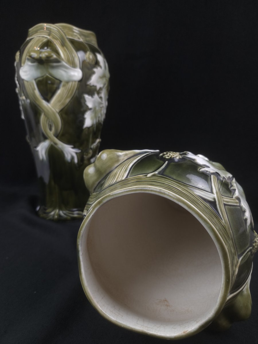 From Bruyn To Fives-lille - Pair Of Art Nouveau Vases Made Of Slip (20th Century)-photo-2