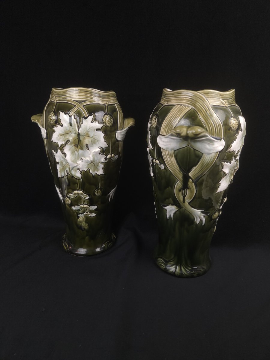 From Bruyn To Fives-lille - Pair Of Art Nouveau Vases Made Of Slip (20th Century)