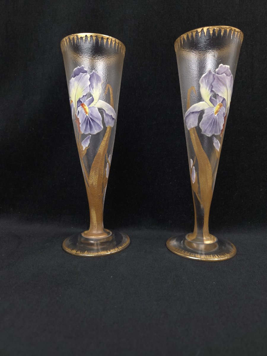 Montjoye / Legras In Saint-denis - Pair Of Art Nouveau Trumpet Vases With Irises -photo-2