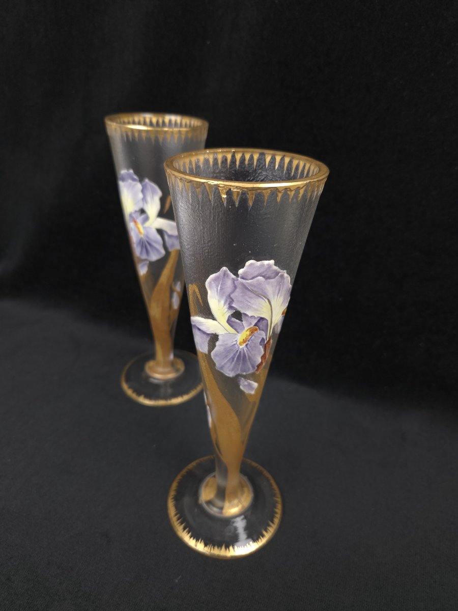 Montjoye / Legras In Saint-denis - Pair Of Art Nouveau Trumpet Vases With Irises -photo-3