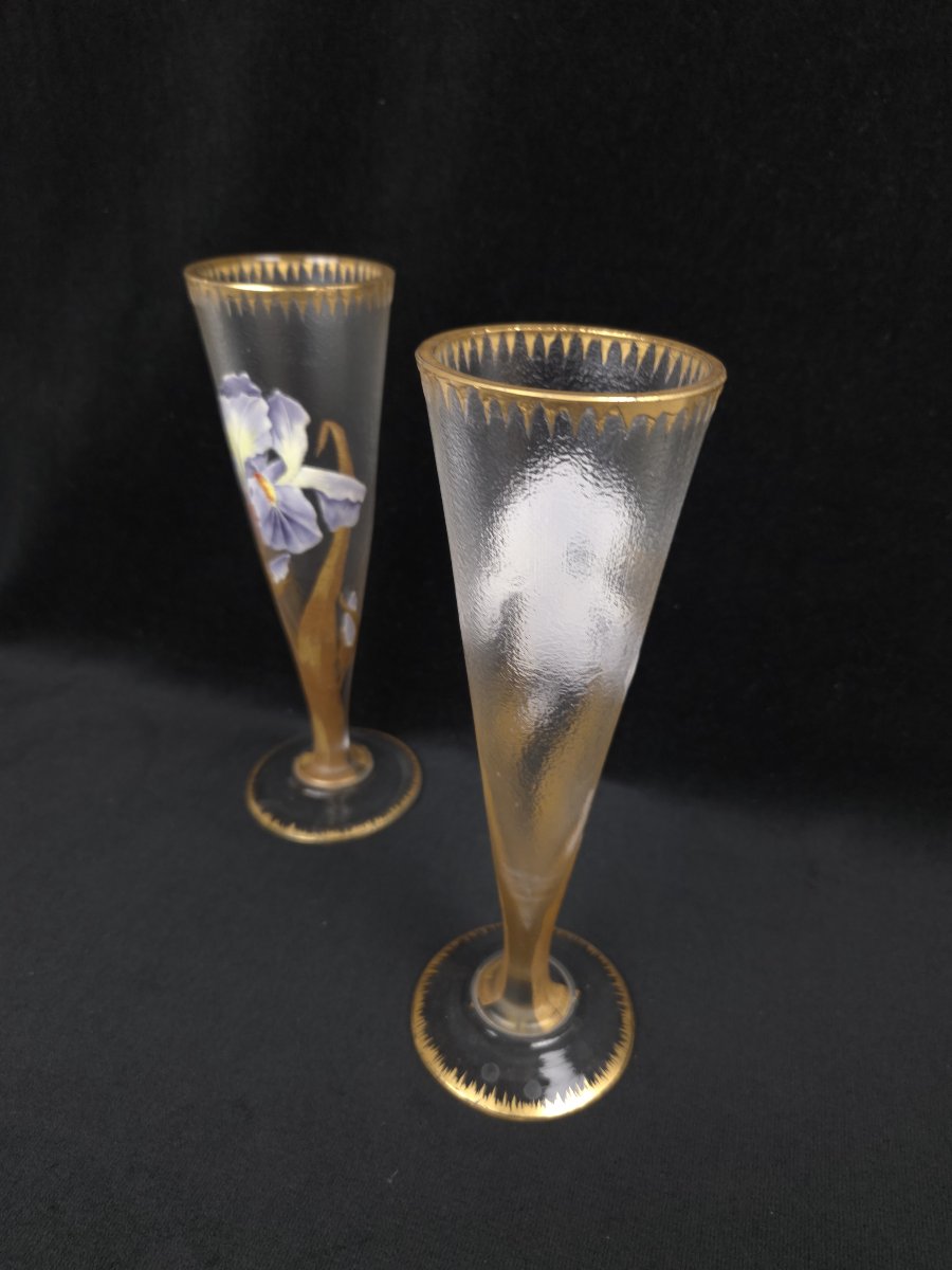Montjoye / Legras In Saint-denis - Pair Of Art Nouveau Trumpet Vases With Irises -photo-4