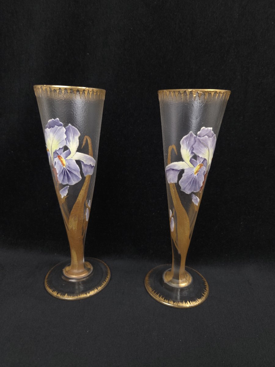 Montjoye / Legras In Saint-denis - Pair Of Art Nouveau Trumpet Vases With Irises 