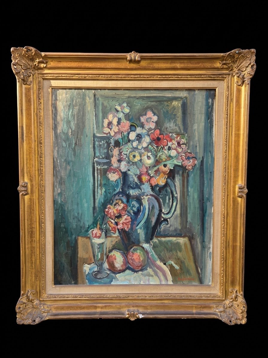 Pinchus Kremegne (1890–1981) - Oil On Canvas - Bouquet Of Anemones And Fruit With A Pitcher -photo-2