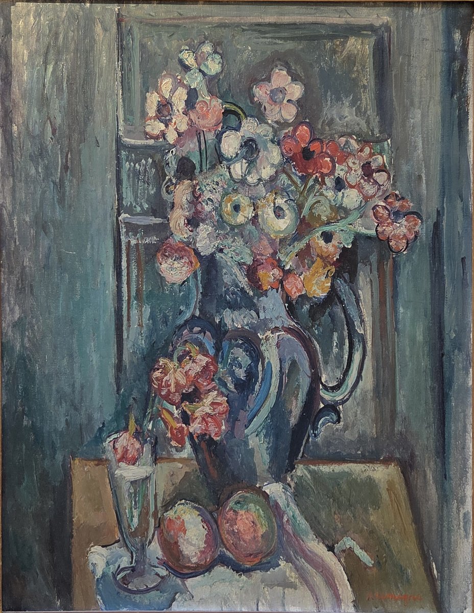 Pinchus Kremegne (1890–1981) - Oil On Canvas - Bouquet Of Anemones And Fruit With A Pitcher -photo-3