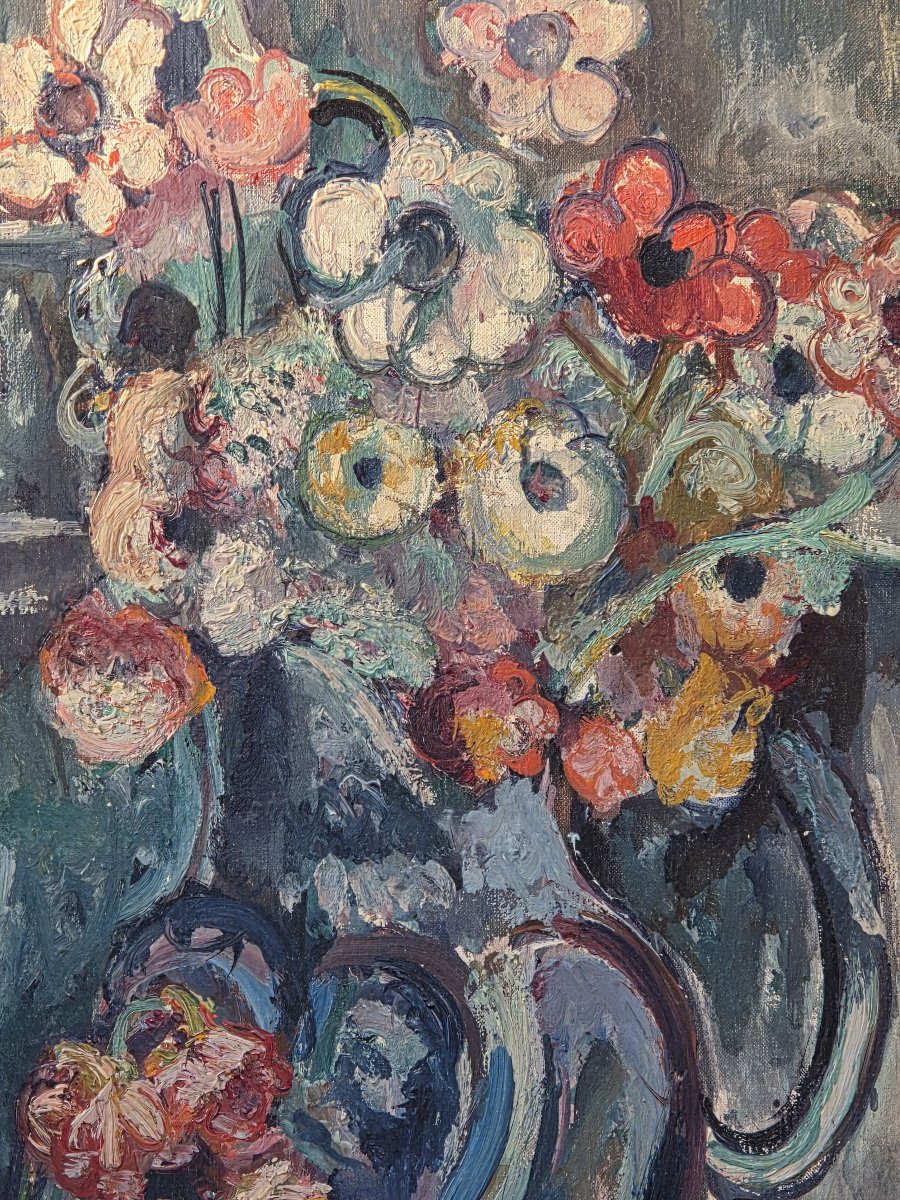 Pinchus Kremegne (1890–1981) - Oil On Canvas - Bouquet Of Anemones And Fruit With A Pitcher -photo-2