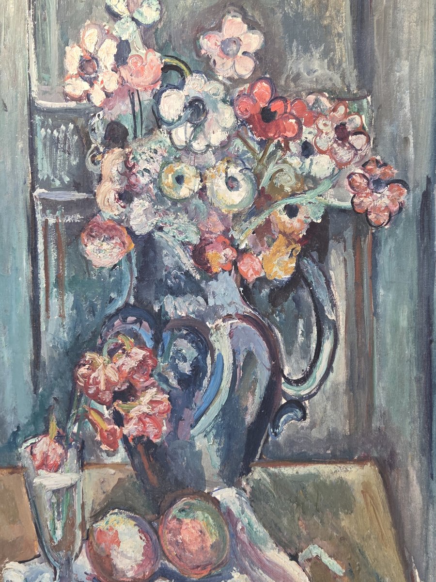 Pinchus Kremegne (1890–1981) - Oil On Canvas - Bouquet Of Anemones And Fruit With A Pitcher 