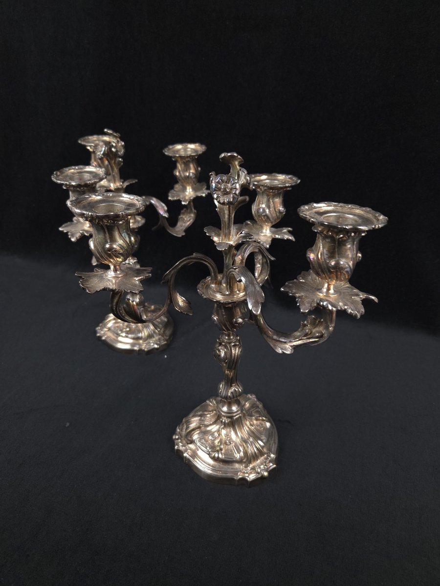 Pair Of Three-light Silver-plated Bronze Candelabra – Louis XV Rocaille Style (19th Century).-photo-2