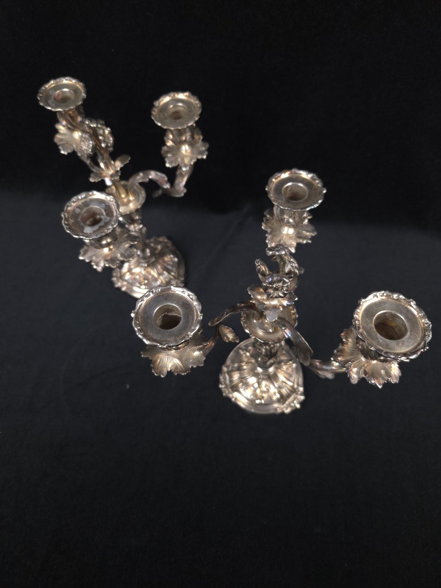 Pair Of Three-light Silver-plated Bronze Candelabra – Louis XV Rocaille Style (19th Century).-photo-3