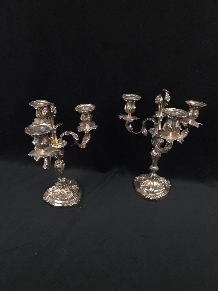 Pair Of Three-light Silver-plated Bronze Candelabra – Louis XV Rocaille Style (19th Century).-photo-4