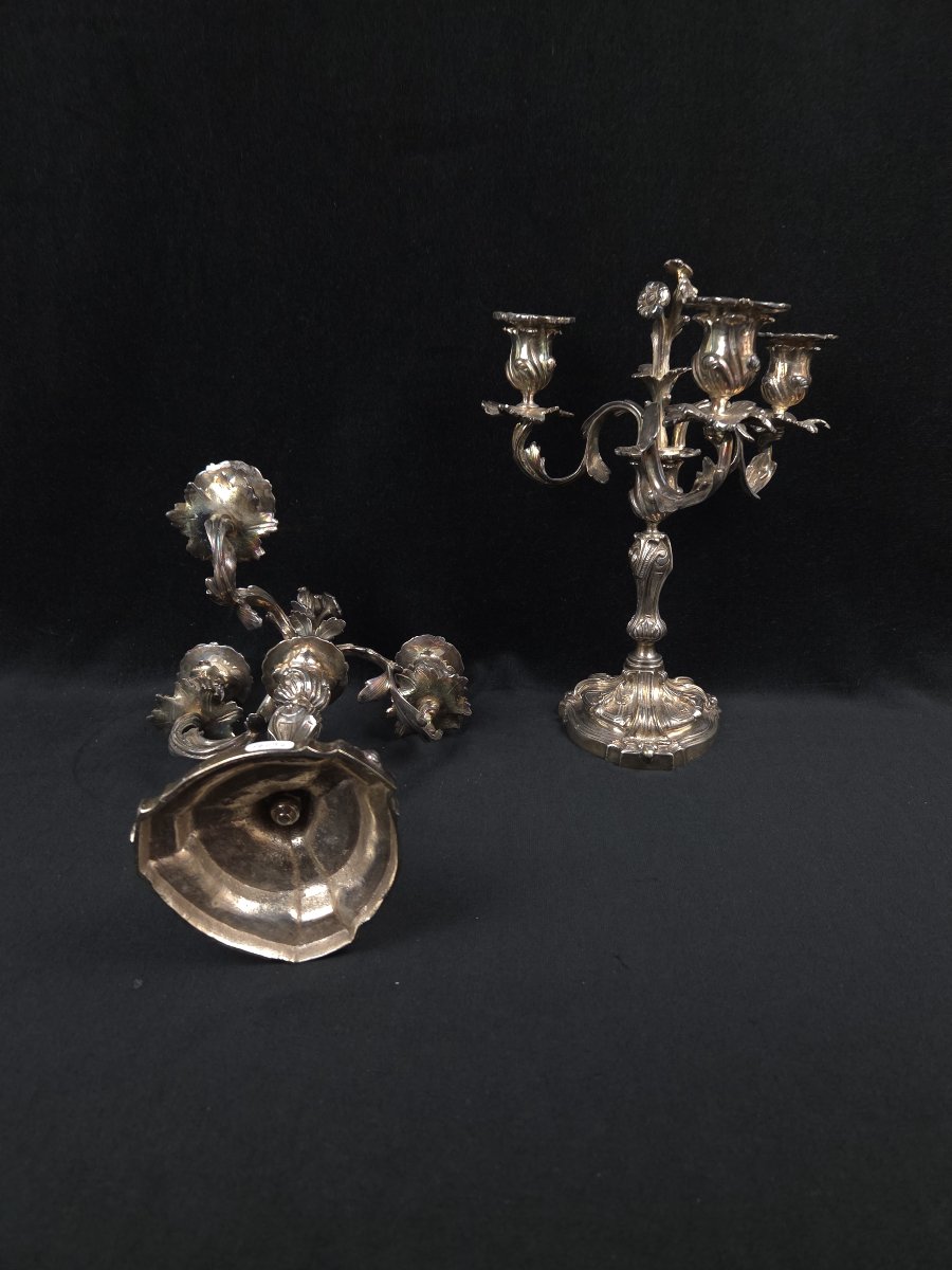 Pair Of Three-light Silver-plated Bronze Candelabra – Louis XV Rocaille Style (19th Century).-photo-2