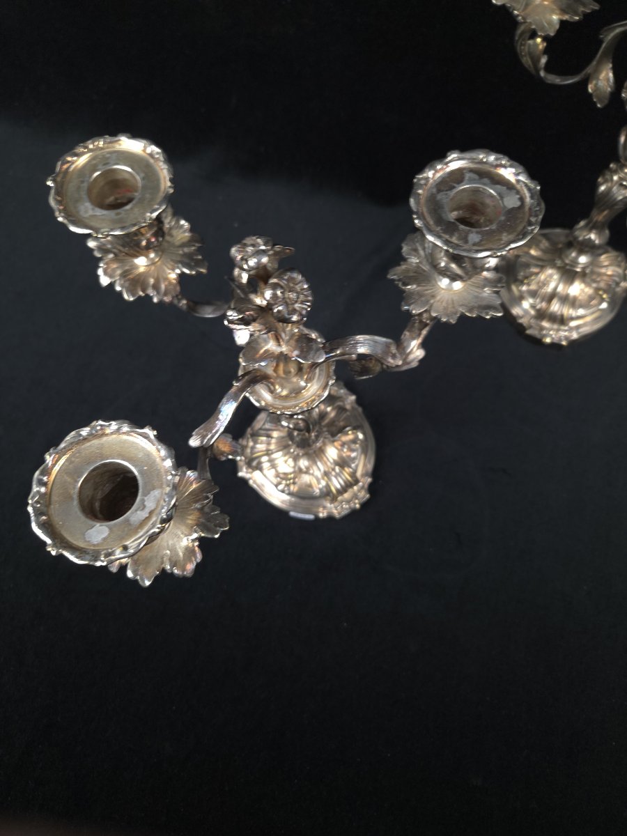 Pair Of Three-light Silver-plated Bronze Candelabra – Louis XV Rocaille Style (19th Century).-photo-3