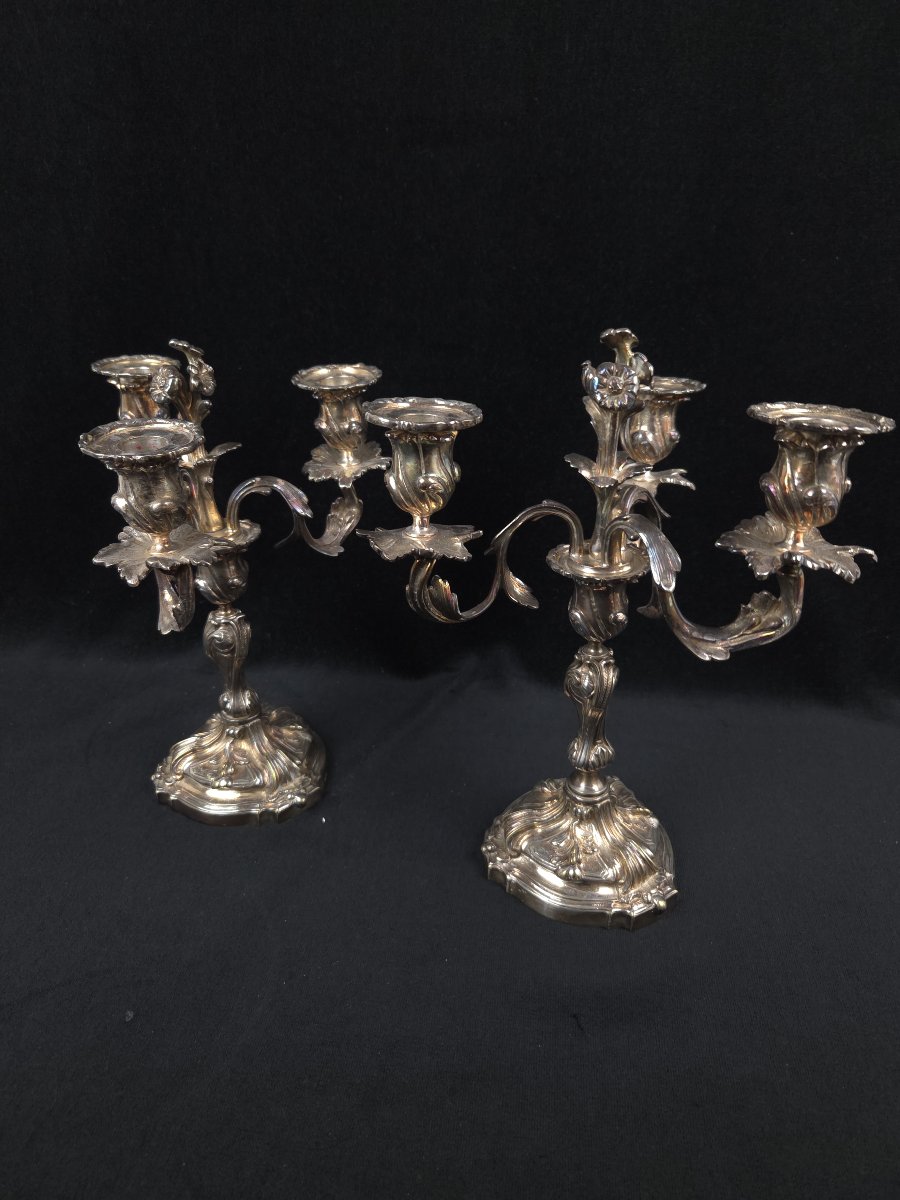 Pair Of Three-light Silver-plated Bronze Candelabra – Louis XV Rocaille Style (19th Century).