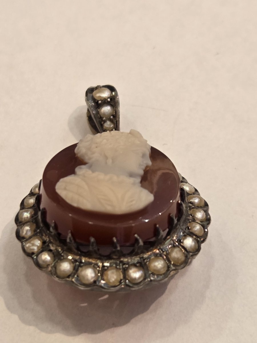 Broche-pendentif en argent sanglier - Camée sur agate - XIXe siècle-photo-1