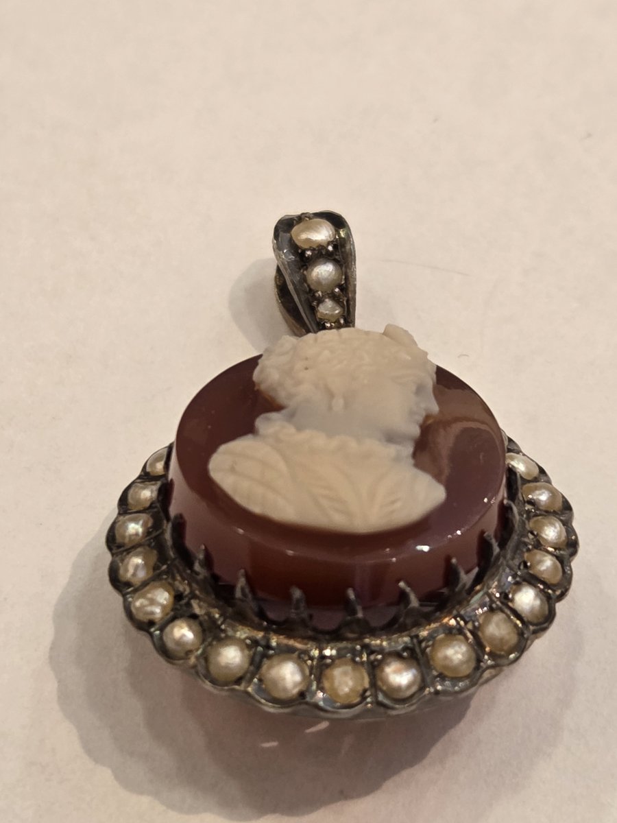 Broche-pendentif en argent sanglier - Camée sur agate - XIXe siècle-photo-2