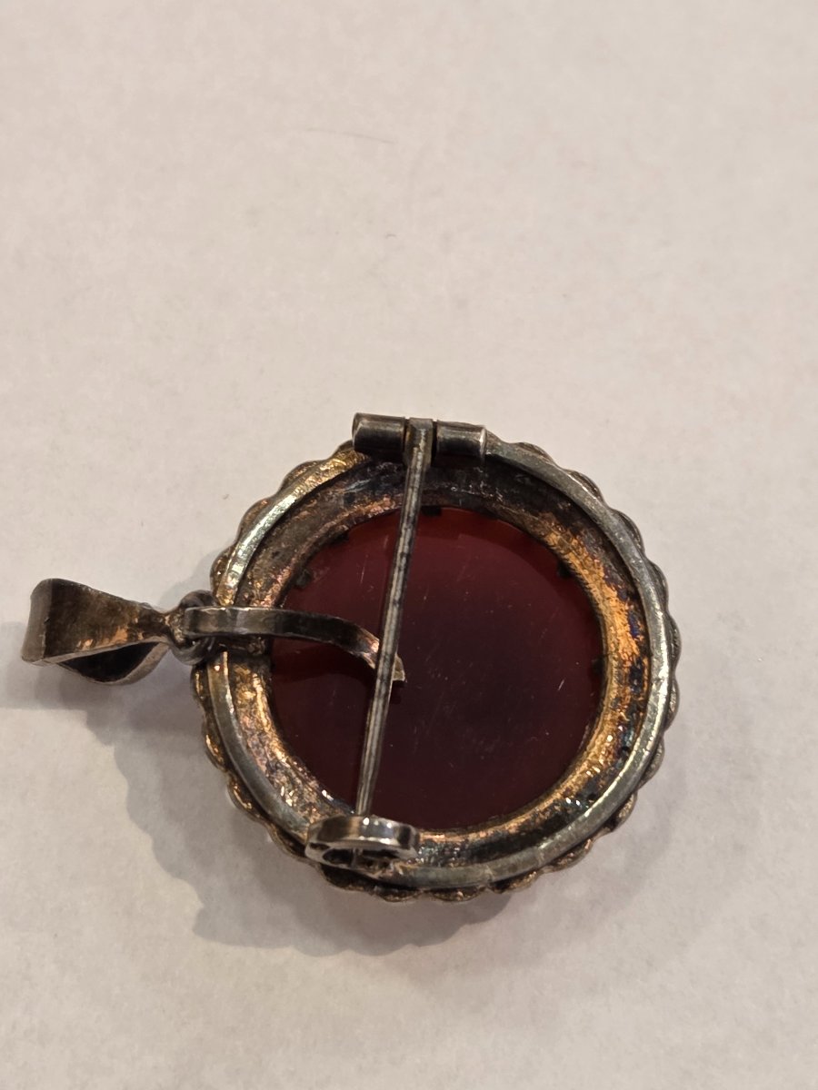 Broche-pendentif en argent sanglier - Camée sur agate - XIXe siècle-photo-3