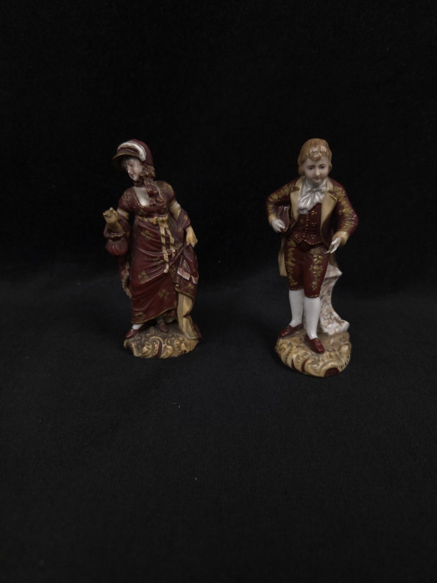 Pair Of Romantic Figurines In Polychrome Porcelain—"incredible" And "wonderful" Couple (19th Century)