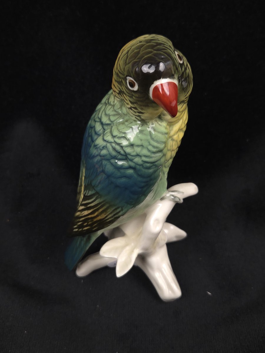 Karl Ens - Figurine en porcelaine polychrome - Perroquet sur une branche -photo-3