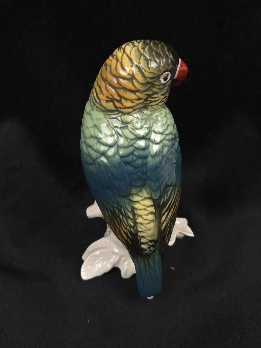 Karl Ens - Figurine en porcelaine polychrome - Perroquet sur une branche -photo-4