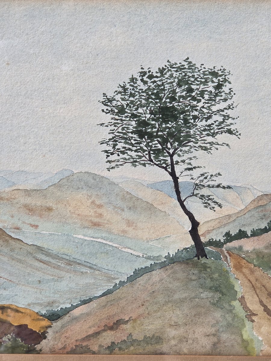 Watercolor - Hilly Landscape With A Path - G. Kloubert (20th Century)-photo-3