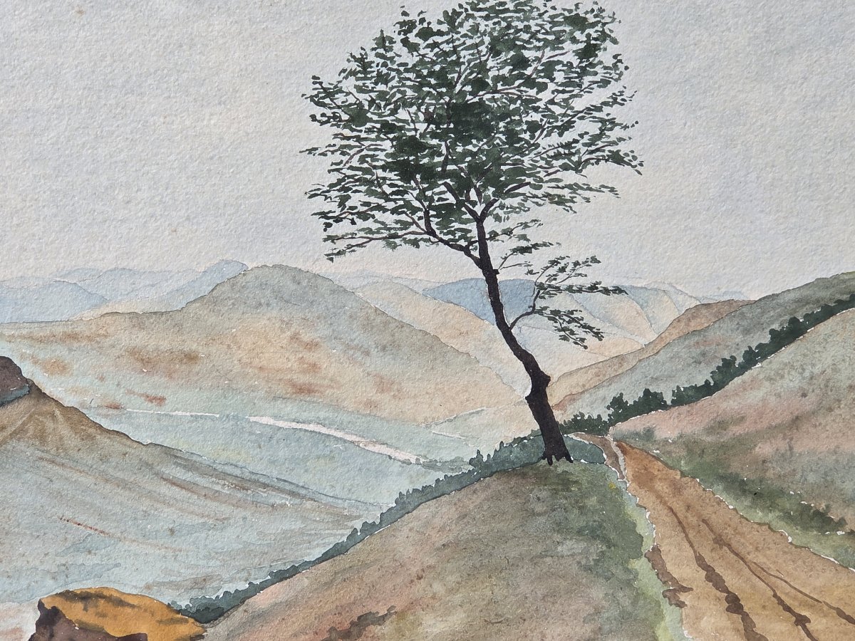 Watercolor - Hilly Landscape With A Path - G. Kloubert (20th Century)-photo-1