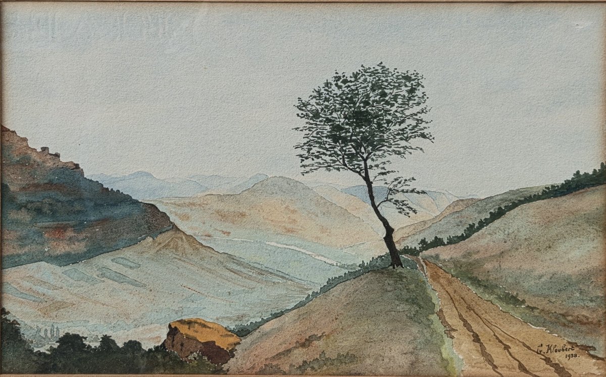 Watercolor - Hilly Landscape With A Path - G. Kloubert (20th Century)