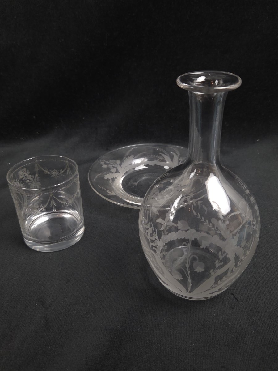 Engraved Glass Night Set / Bedside Set (20th Century)-photo-4