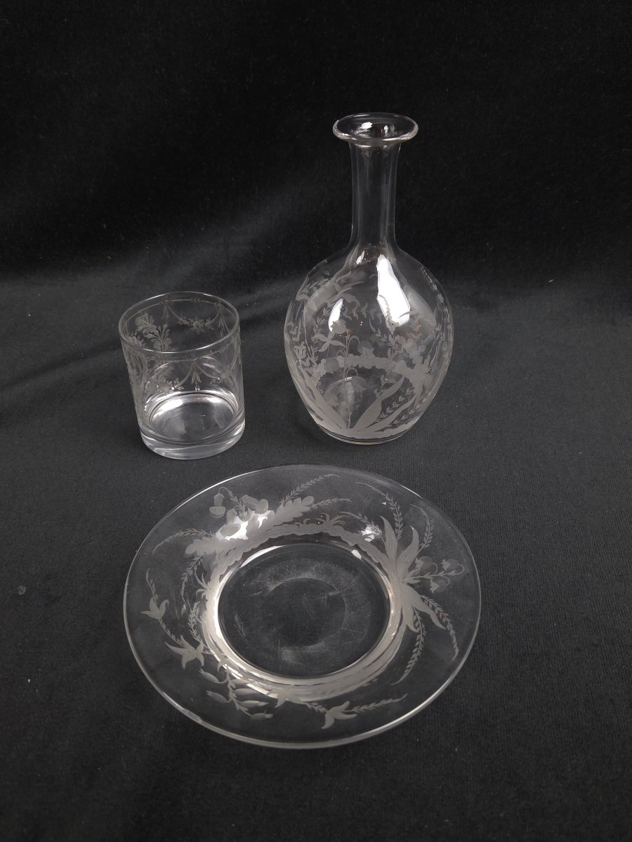 Engraved Glass Night Set / Bedside Set (20th Century)-photo-3