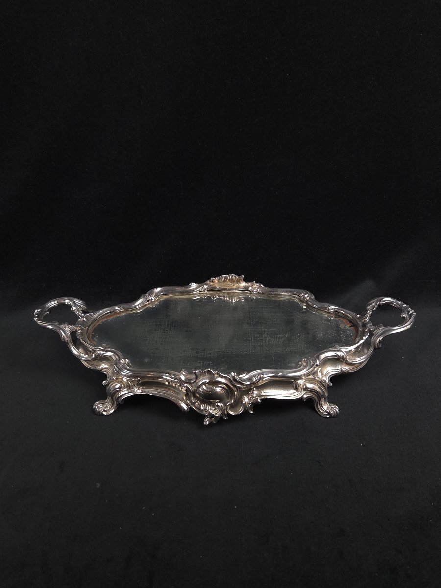 Grand plateau à fond de miroir et monture en métal argenté (XIXe siècle)