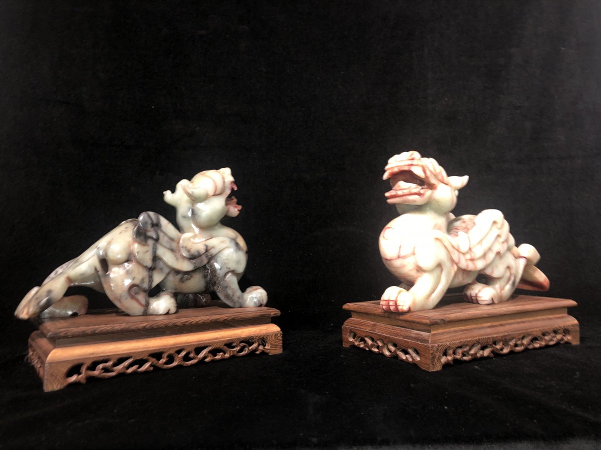 Pair Of Dragons In Alabaster - China - XXth Century-photo-2