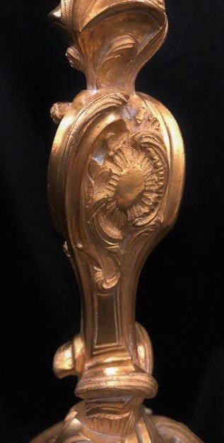 Paire De Bougeoirs En Bronze Doré Transformée En Lampes, XXe-photo-2