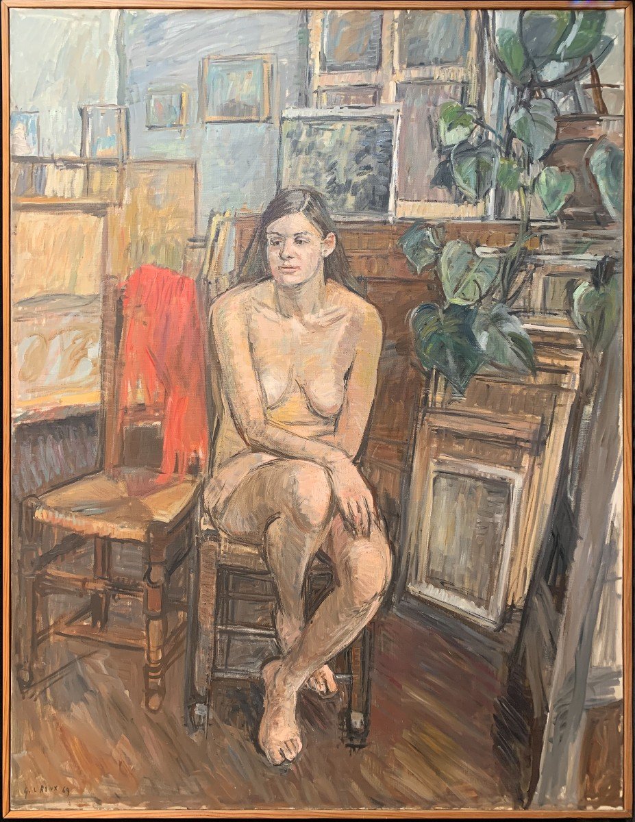 Huile Sur Toile - Nu &agrave; l'&eacute;charpe Rouge - Gaston-Louis Roux (1904-1988)-photo-2