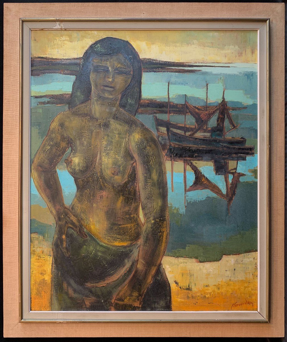 Huile Sur Isorel - Paul Kerouedan (XXe) - Jeune Femme à La Plage -photo-2