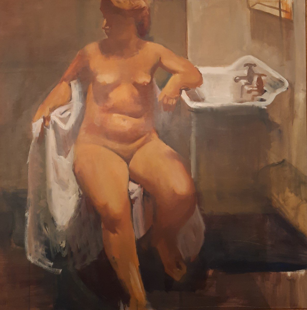 Huile sur toile, "Femme nue au lavabo" de Jean Langlois (1923-2014)