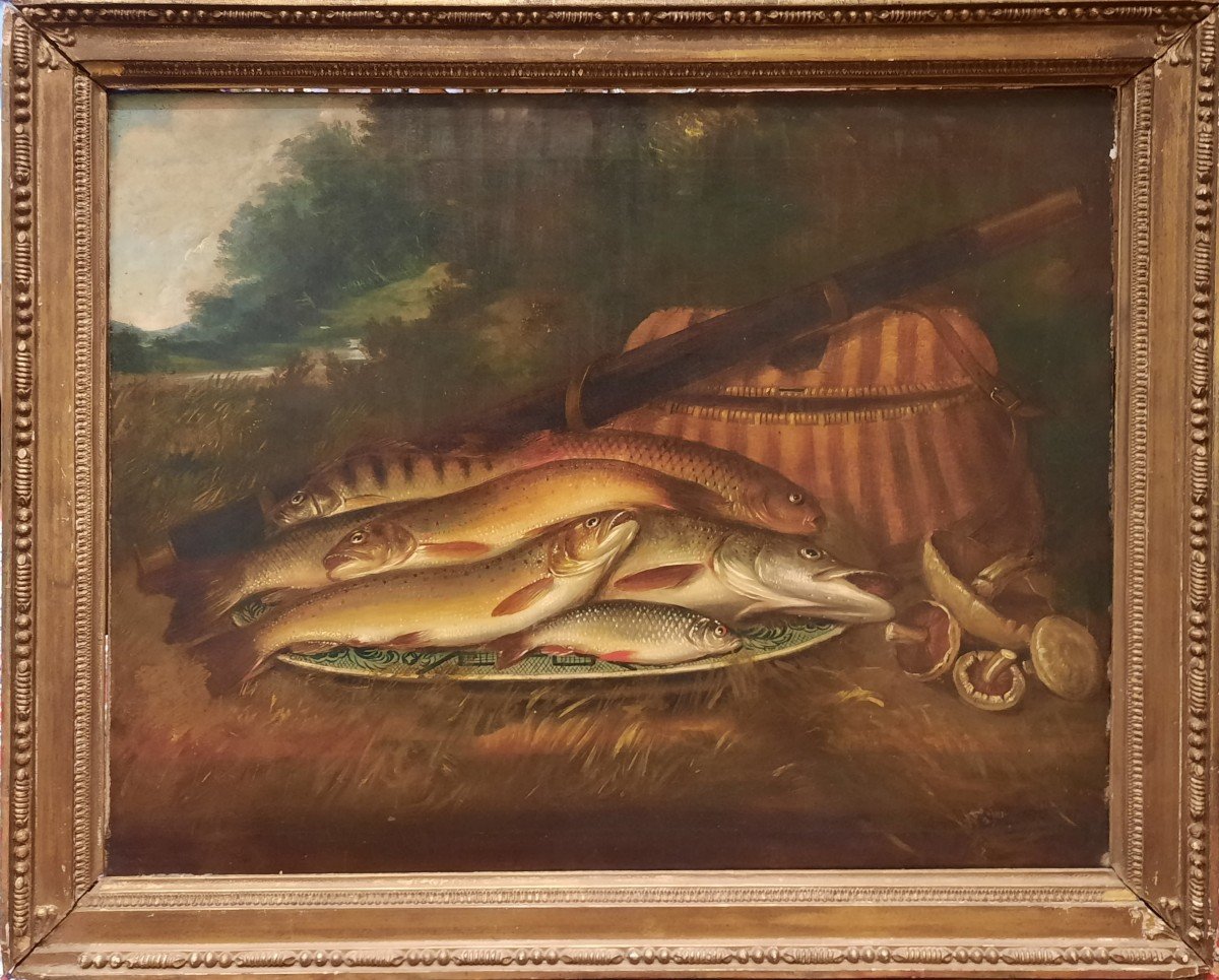 Huile sur toile  - Nature morte aux poissons - de Henry L&eacute;onidas Rolfe (1824 - 1881)-photo-2